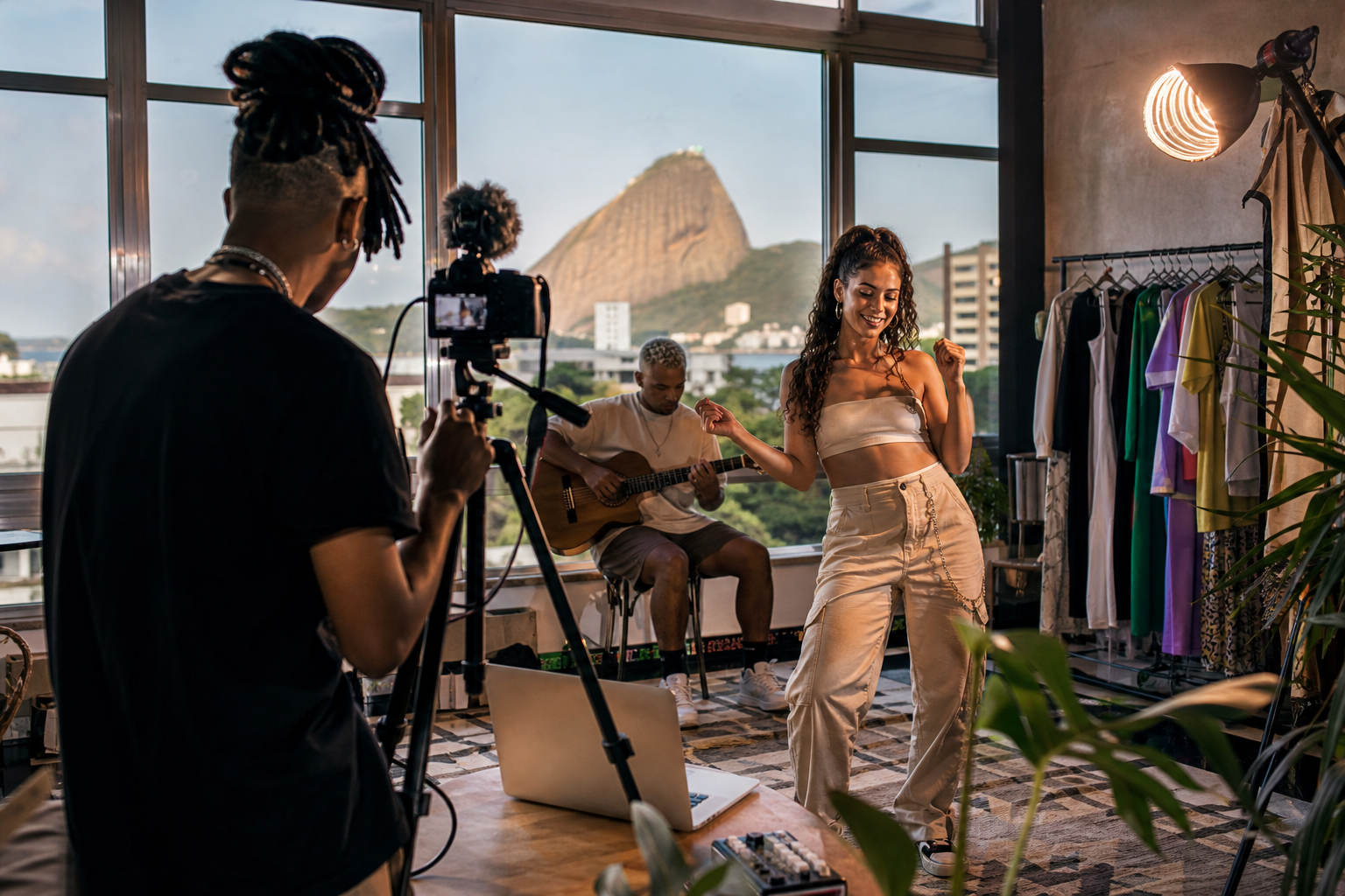 Criadores produzem vídeos em um espaço contemporâneo dedicado à música, ao entretenimento e à cultura digital.