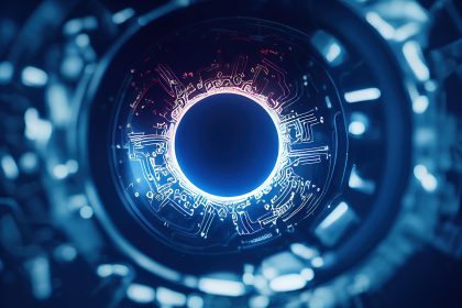 Representação artística de um olho robótico em tons de azul, associada à inteligência artificial.